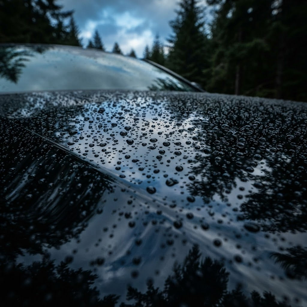 Glossy black car hood with water beading and deep paint reflections after a full detail