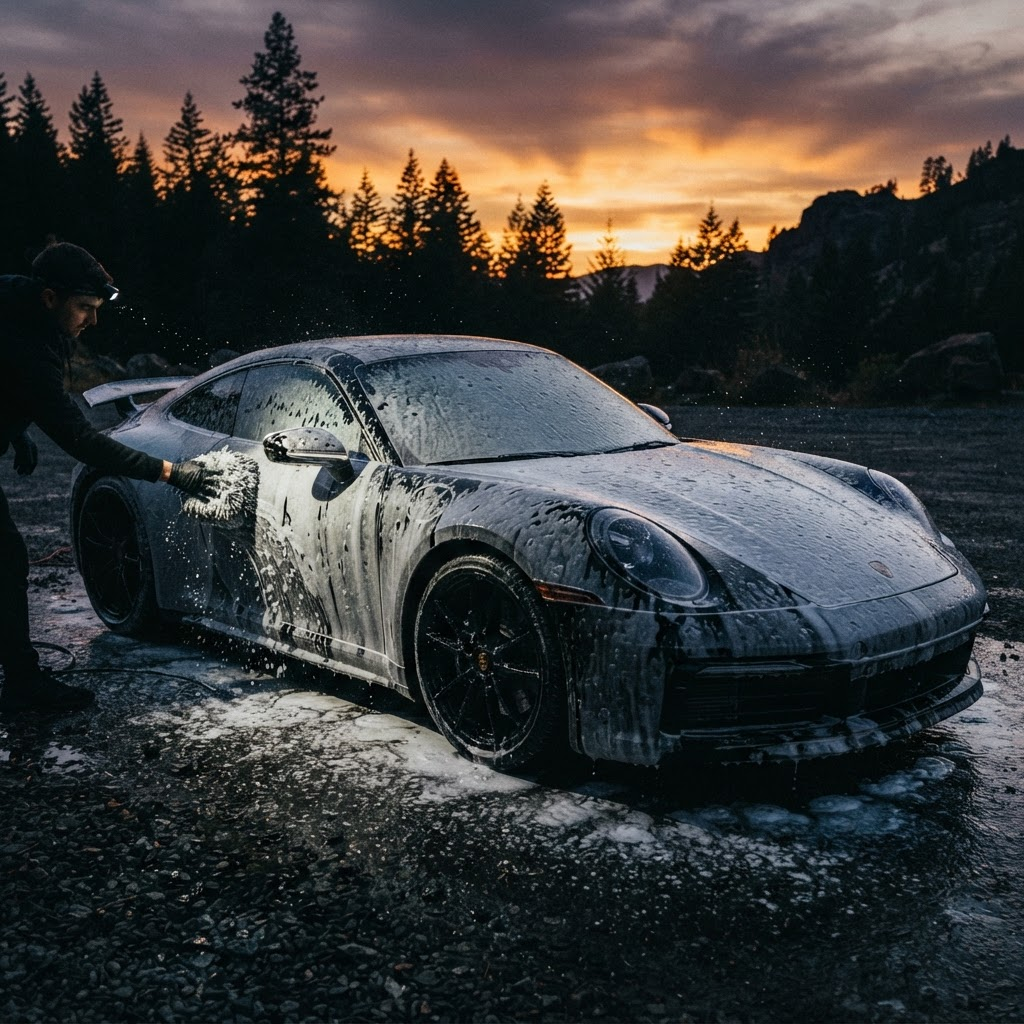 Black sports car covered in white foam during a mobile hand wash at sunset