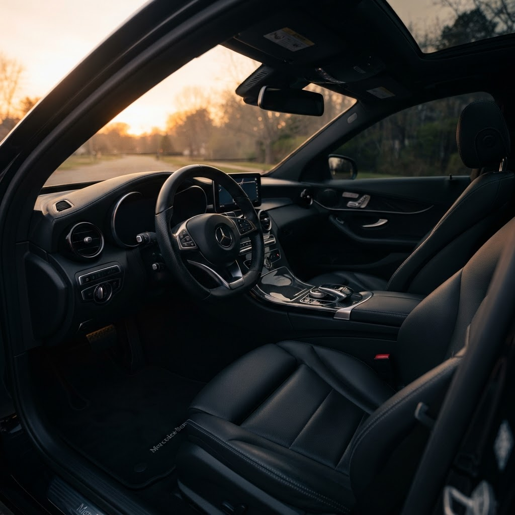 Clean detailed car interior with wiped-down dashboard