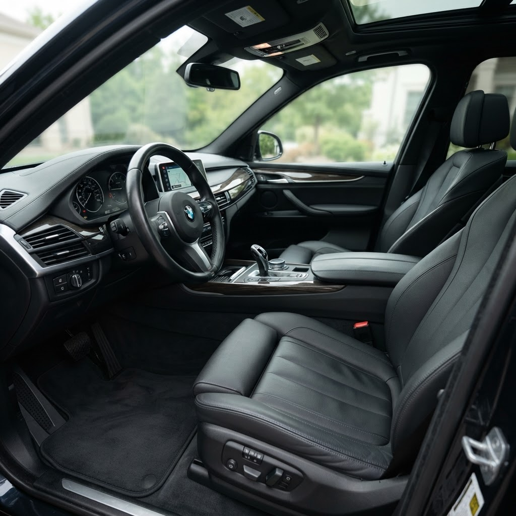Spotless detailed car interior with clean seats and vacuumed carpet