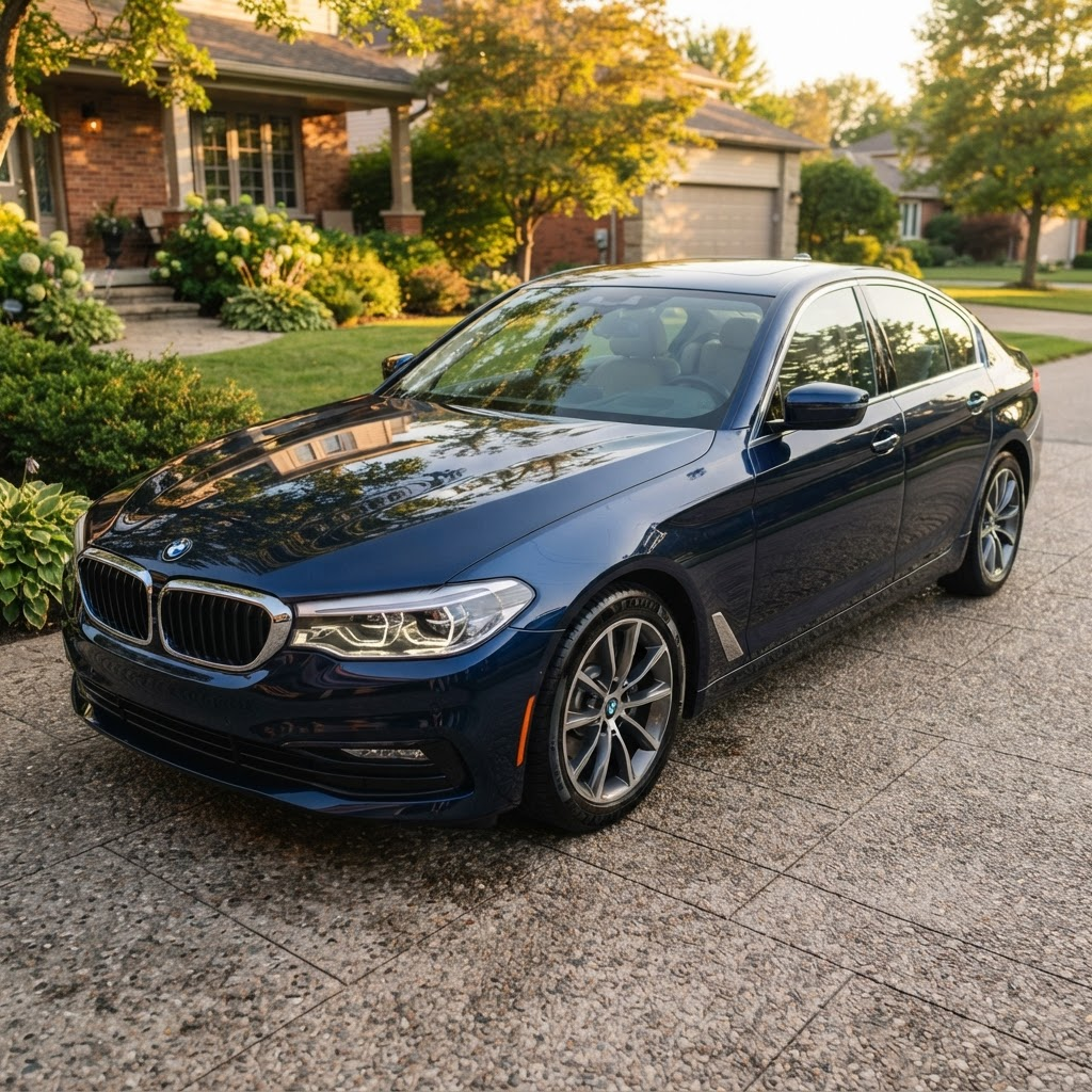 Freshly detailed dark blue sedan with a glossy wet-look finish in a driveway
