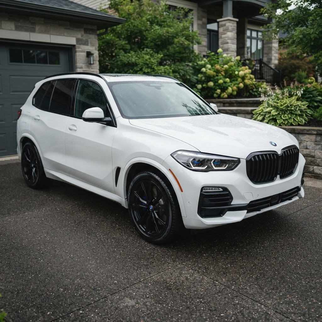 Freshly detailed white SUV with beading water on the paint