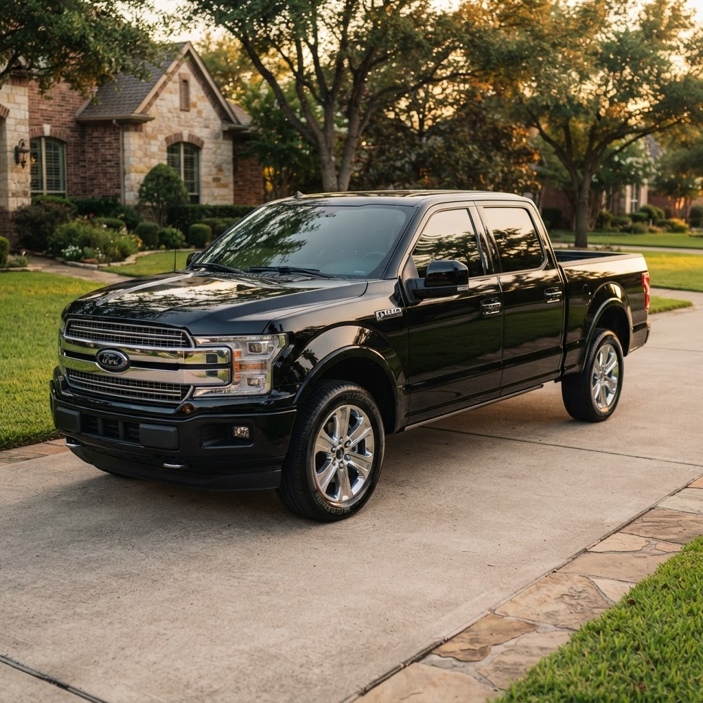 Freshly detailed black pickup truck with deep glossy paint