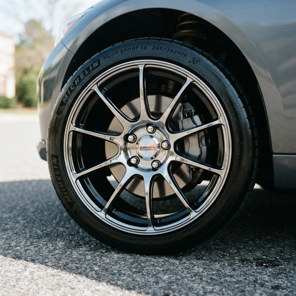 Clean chrome and black alloy wheel with deep tire shine